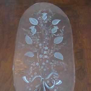 Etched and Frosted Glass Rose Bouquet flat oval serving tray platter